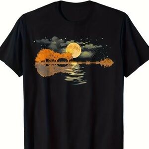 Black Moonlit Lake Guitar Graphic Tee